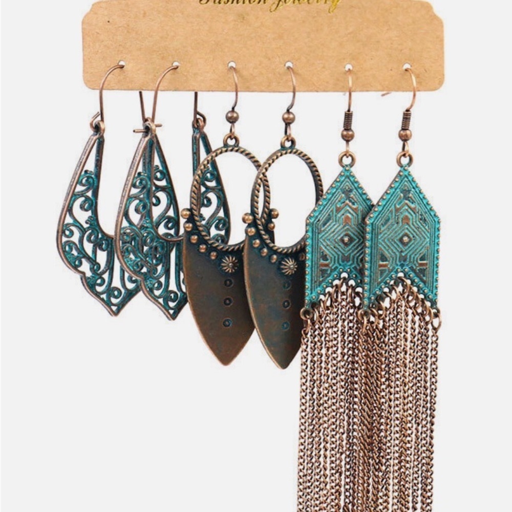Boho Earrings in colors of Copper and Turquoise Set Trio #2027